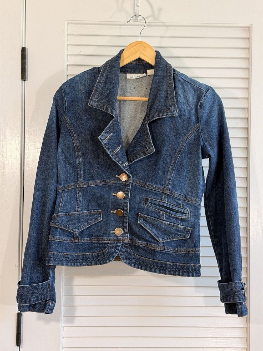 DKNY Jeans Petites Denim Blazer Jacket Fitted Y2K Dark Wash Stretch M